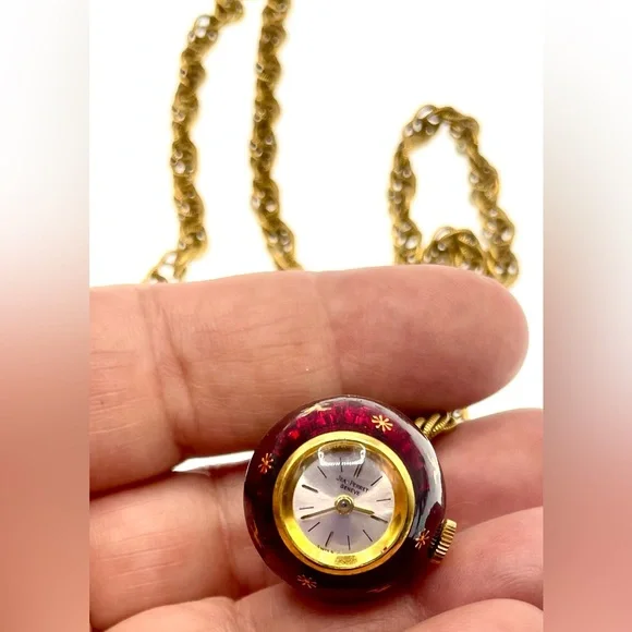 Vintage 1960s Signed Jean Perret Gold Tone Red Enamel Orb Necklace Watch Working - Picture 11 of 14